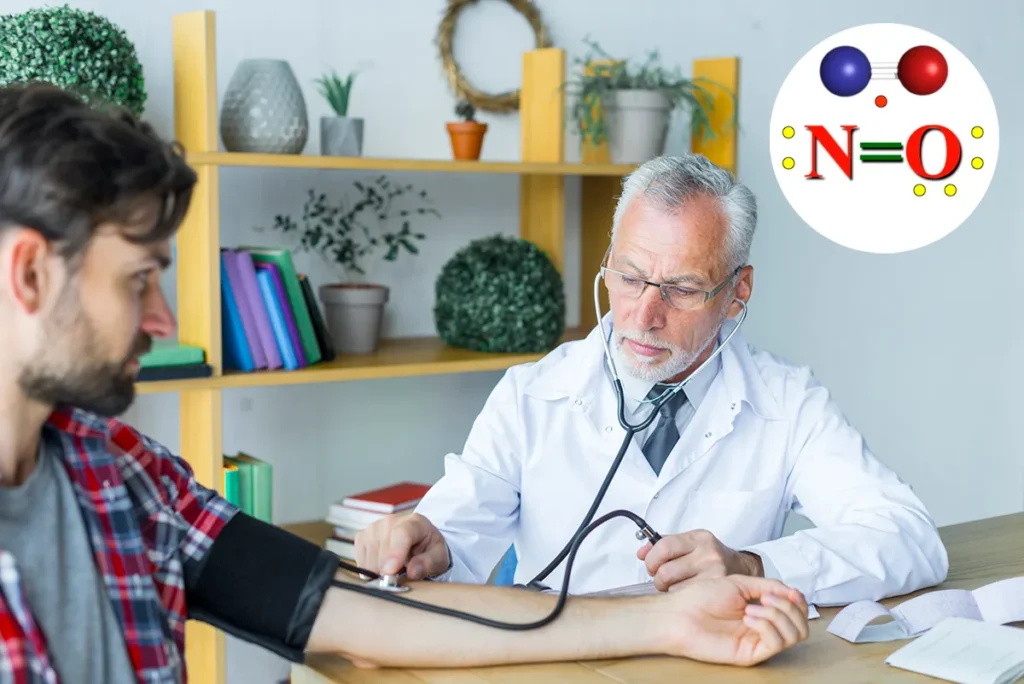 A physician measuring a patient’s blood pressure, with a nitric oxide (NO) molecule graphic